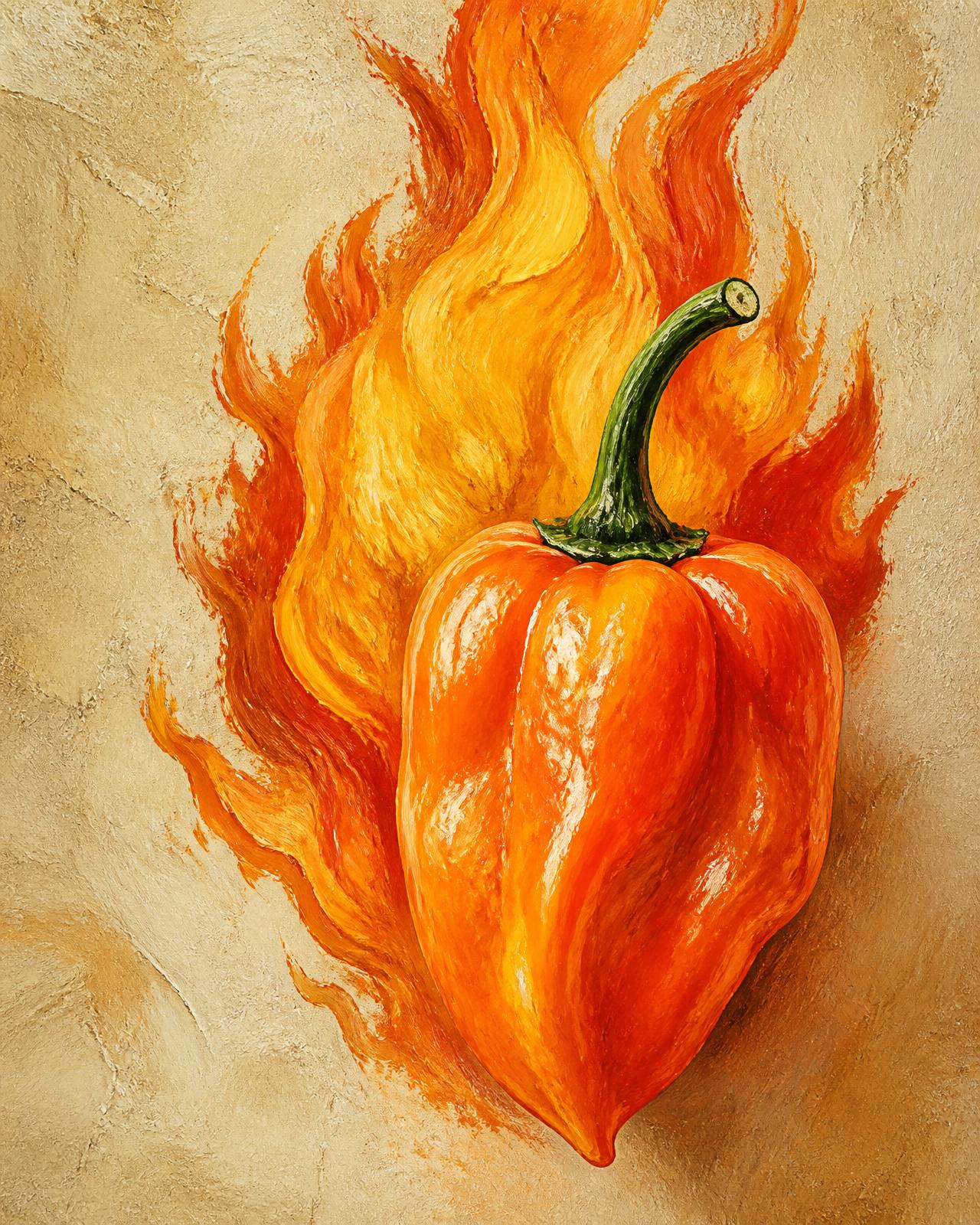 Chile habanero naranja pintado a brochazos entre llamas